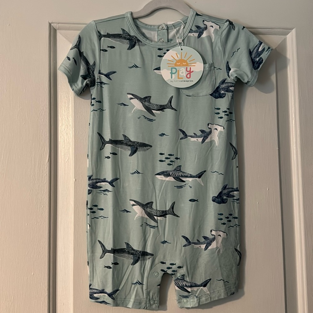 Little Sleepies Sharks Pocket Shorty Romper NWT